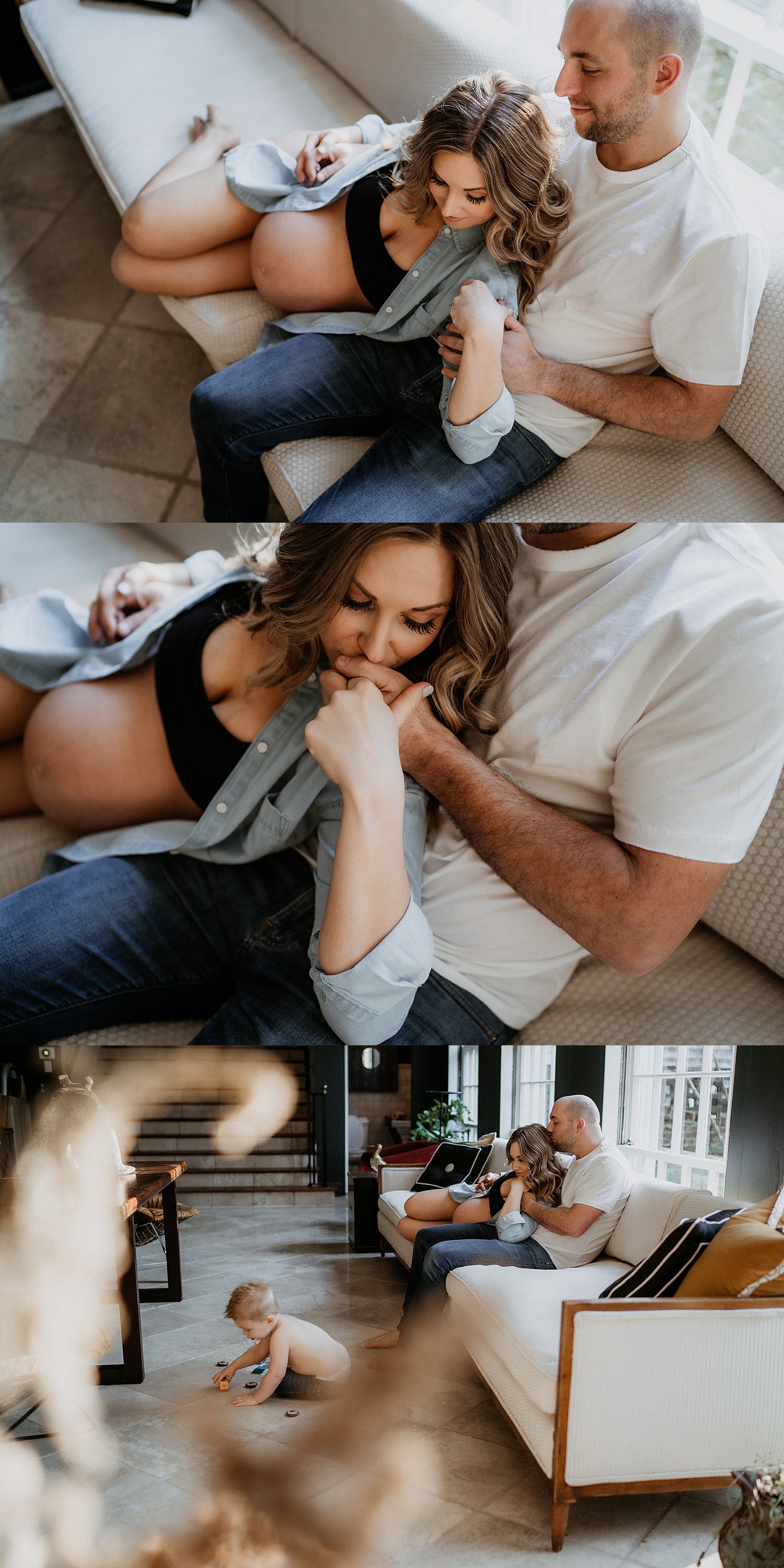 Intimate in-home maternity photography, mom and dad laying on couch