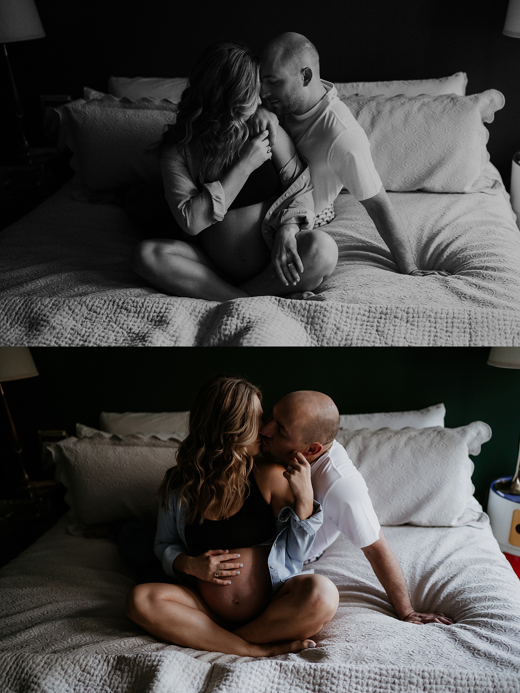 Intimate in-home maternity photography, pregnant couple on bed