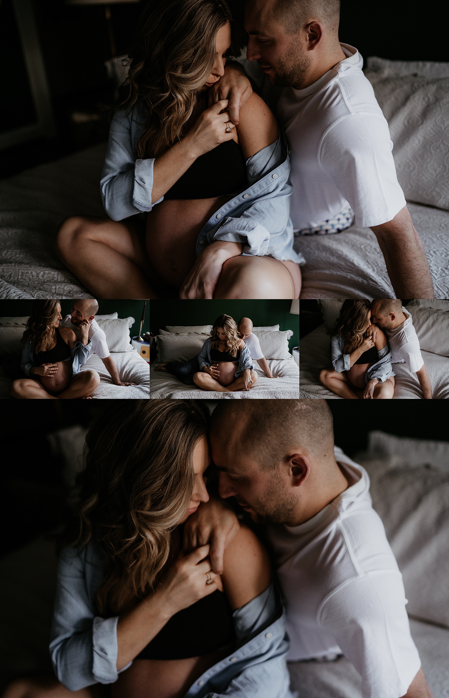 Intimate in-home maternity photography, pregnant couple on bed