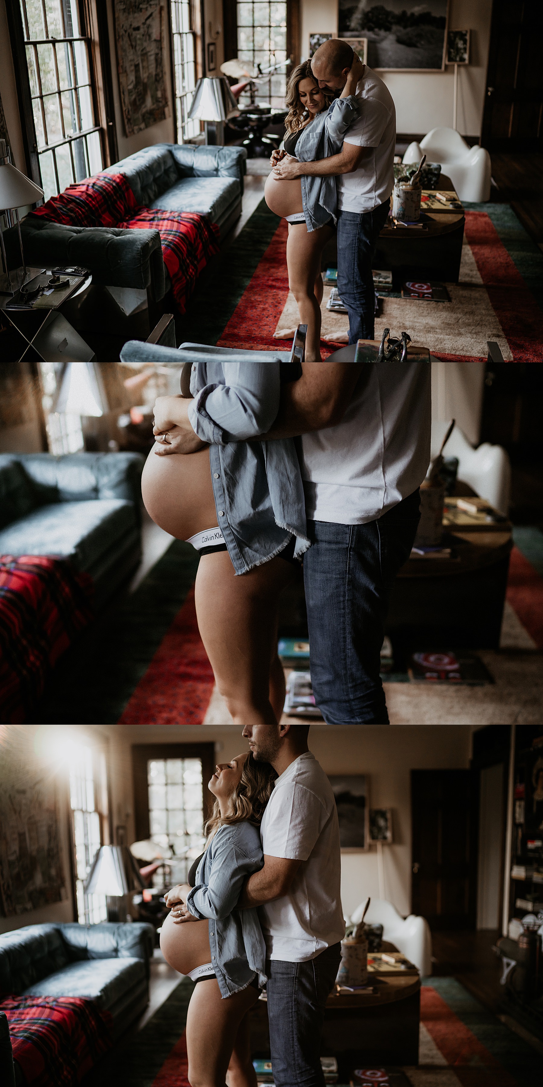 Intimate in-home maternity photography, pregnant couple dancing in living room