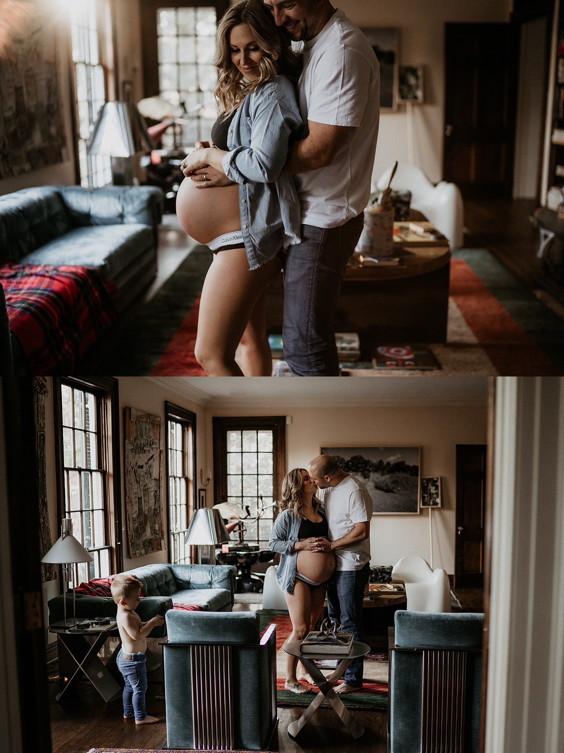 Intimate in-home maternity photography, pregnant couple dancing in living room