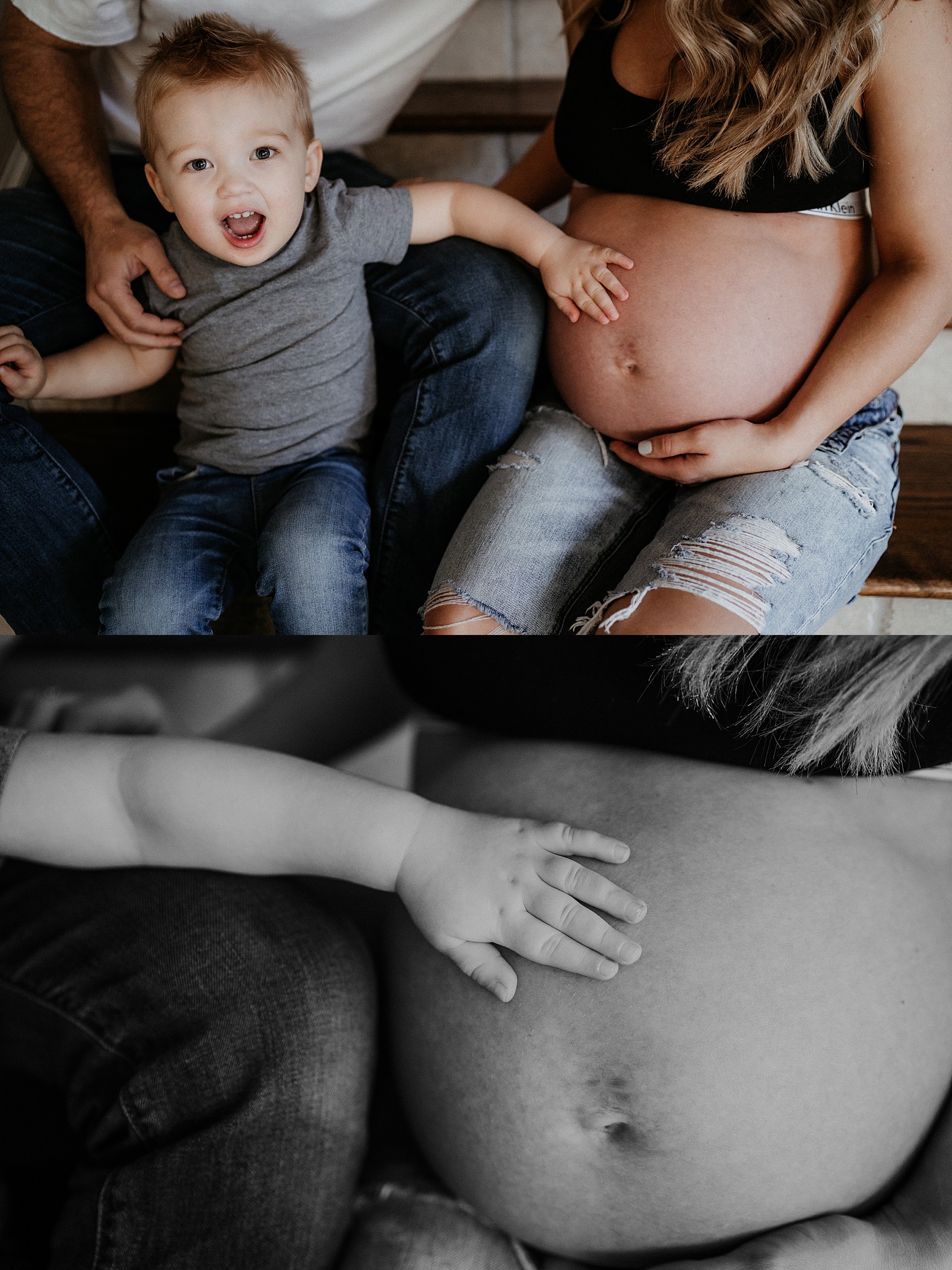 Intimate in-home maternity photography, toddler touching mamas belly