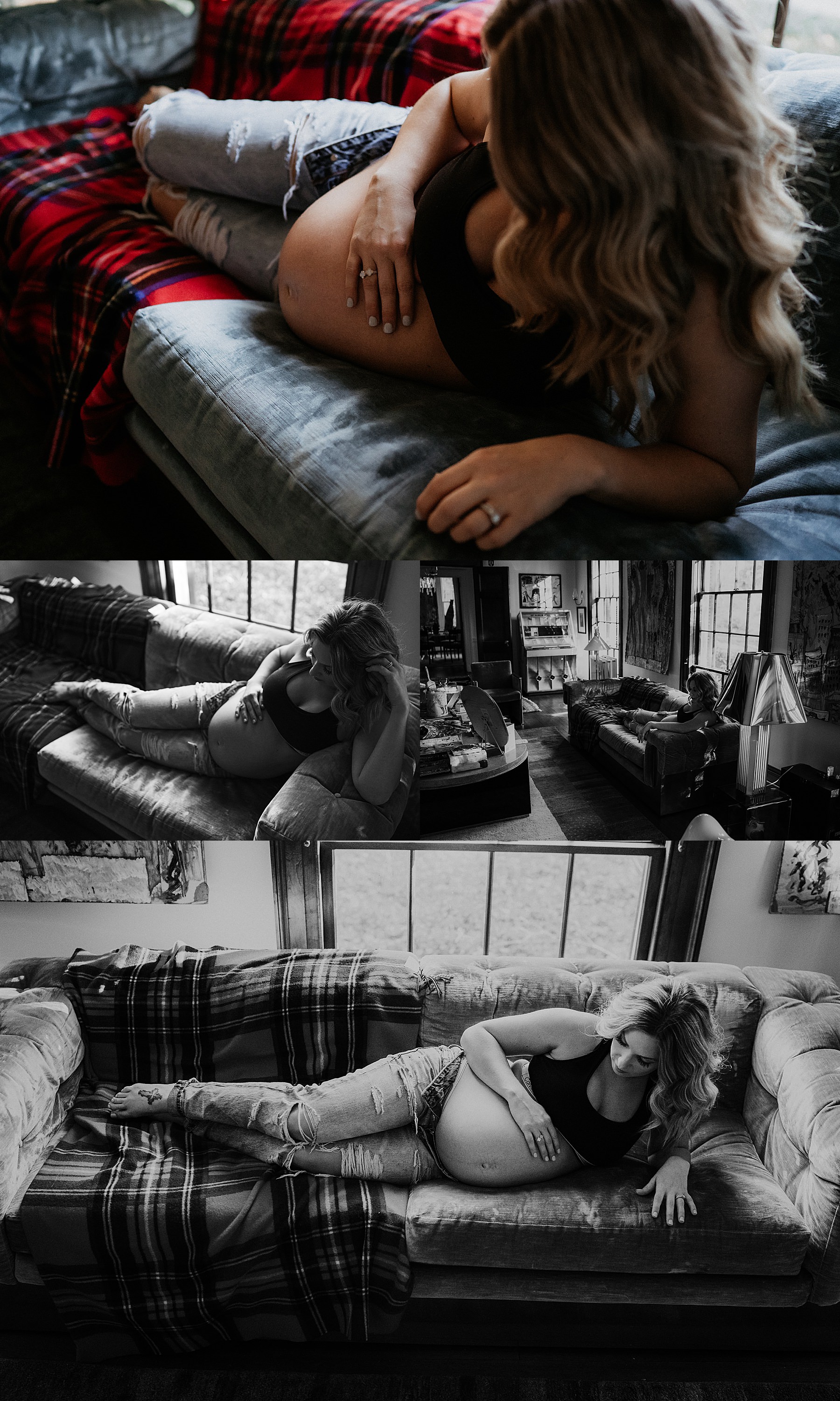 Intimate in-home maternity photography, pregnant mama laying on couch