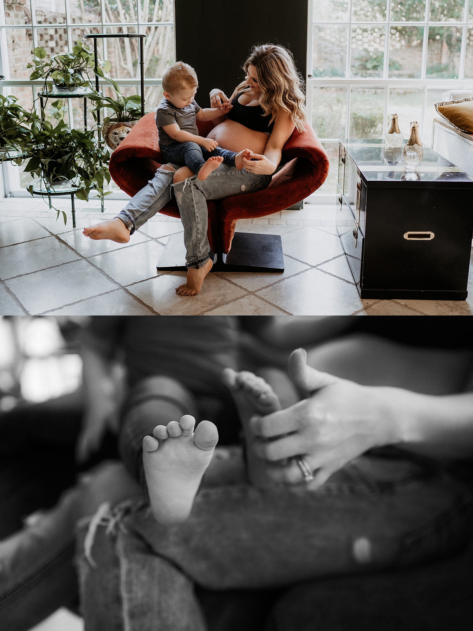 Intimate in-home maternity photography, mama tickling toddlers feet