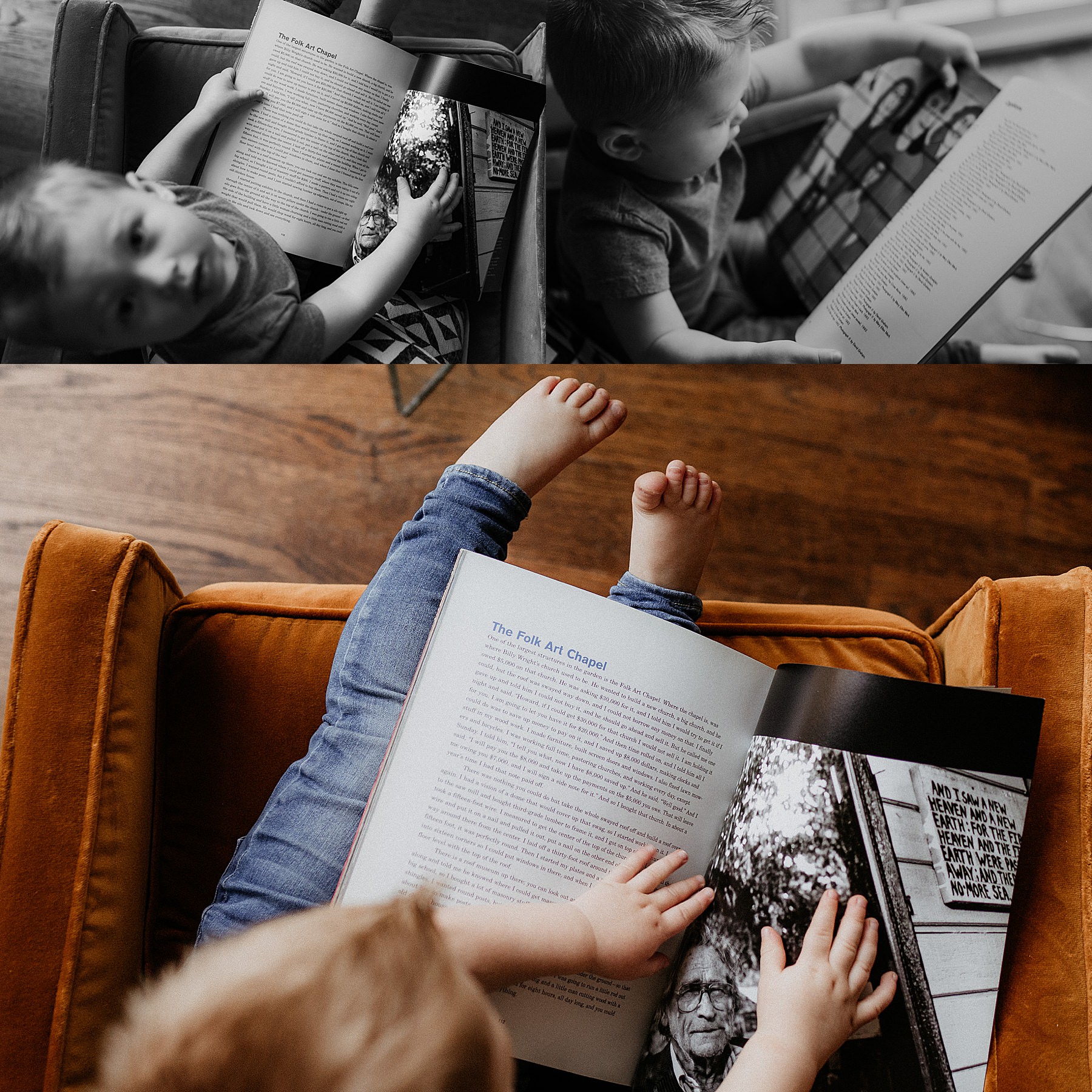 Intimate in-home maternity photography, toddler reading book