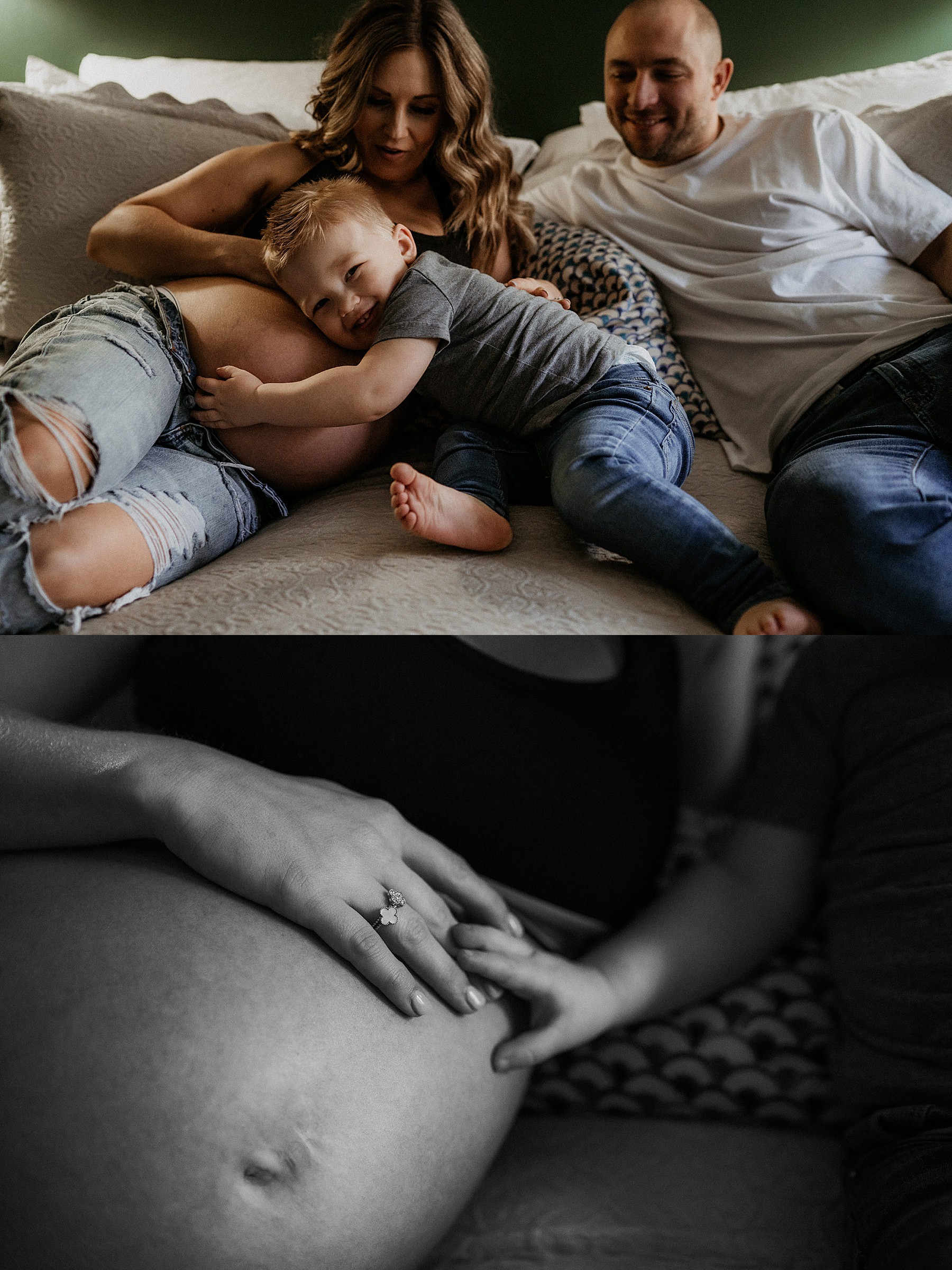 Intimate in-home maternity photography, toddler hugging mamas belly