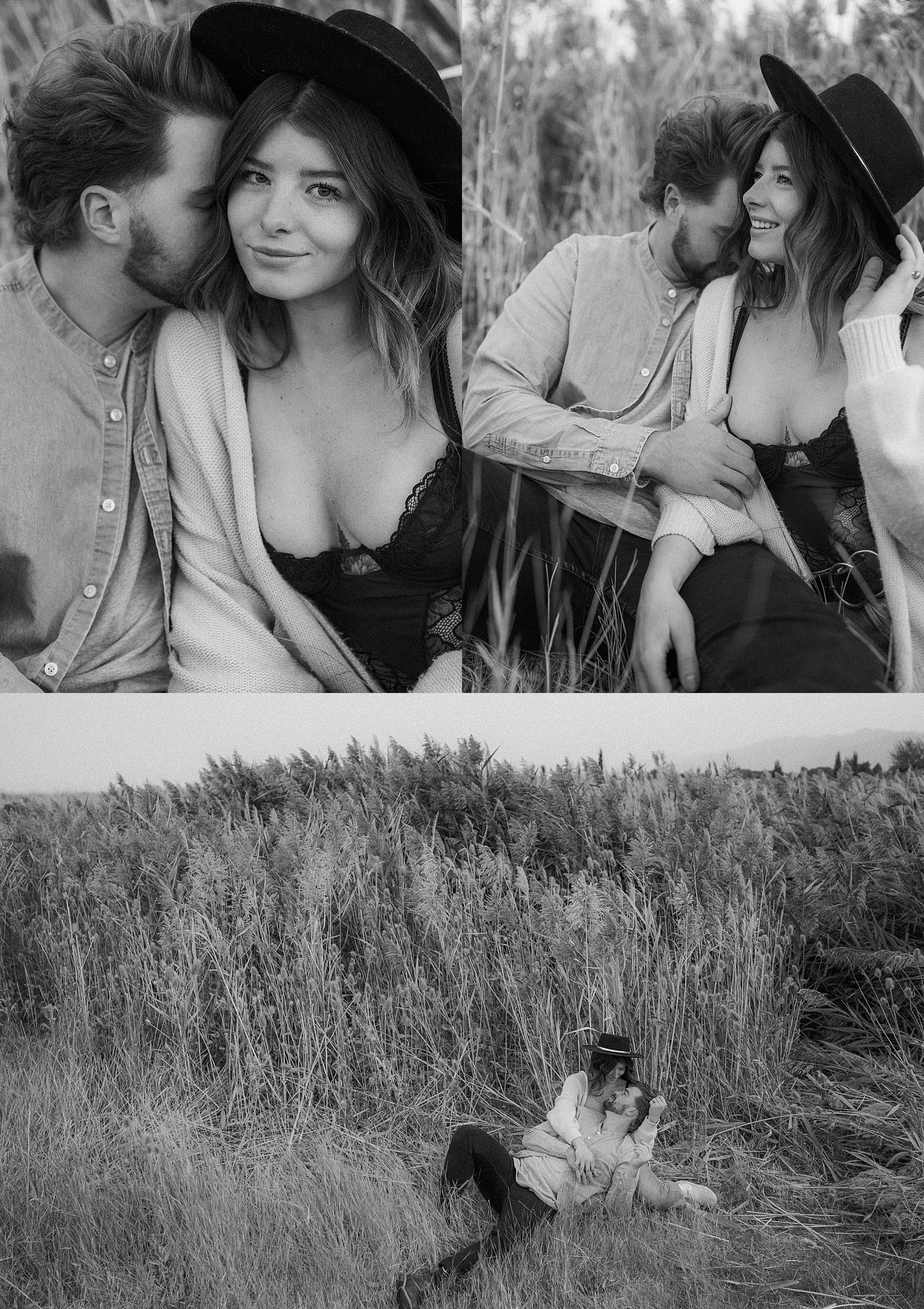Utah Engagement photography, Kissing neck, tall grass
